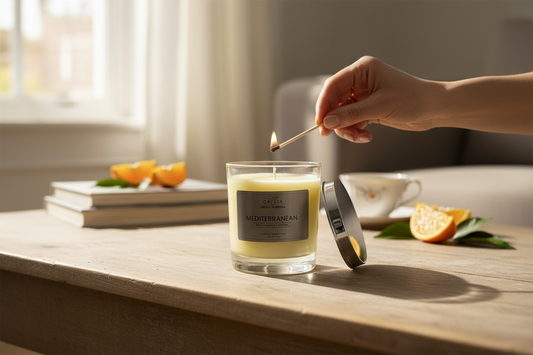 Hand lighting a Cakaza Mediterranean candle beside a teacup, books, and orange slices on a wooden table